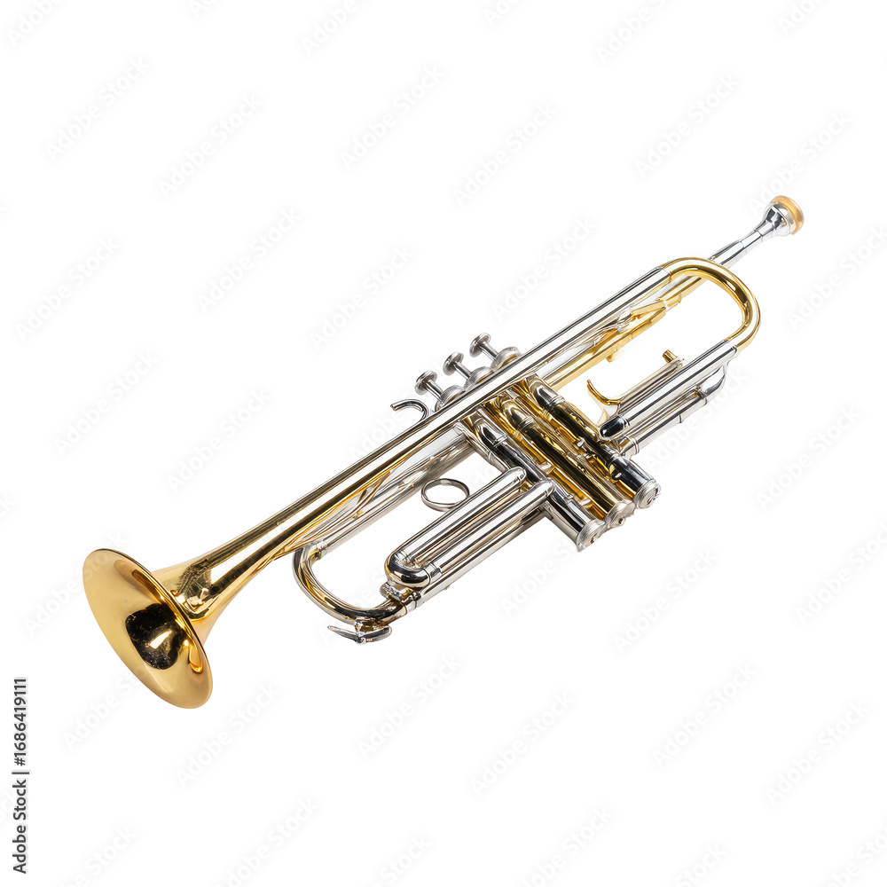 Obraz premium Polished brass trumpet, angled view, showing valves and bell