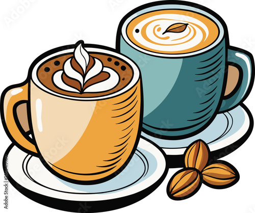 Stylized coffee cup with steam and abstract elements