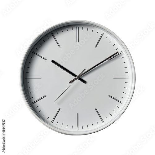 A simple, round, white clock with dark gray hands and markers