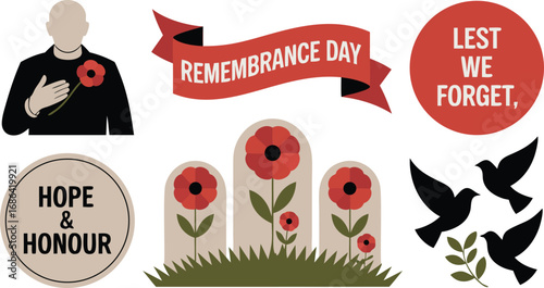 Illustration of Remembrance Day Symbols Poppies, Tombstones, Hope Honour, Lest We Forget, Doves