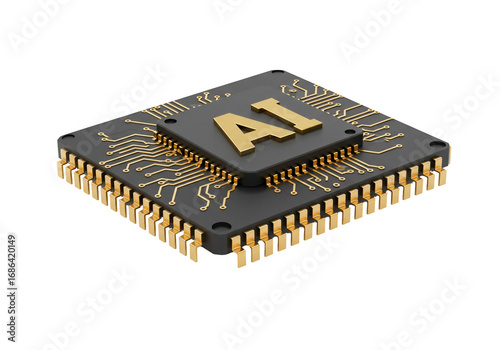 Ai microchip 3 d render of a realistic computer chip with gold circuitry and ai lettering on a transparent background