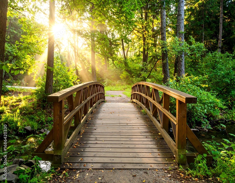 Fototapeta premium Sunny morning in a forest with a wooden bridge