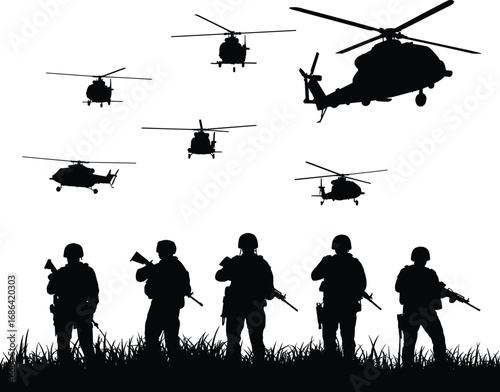 Silhouette of military soldiers with rifles standing in field grass and helicopters flying above, army combat troop teamwork defense war scene vector illustration