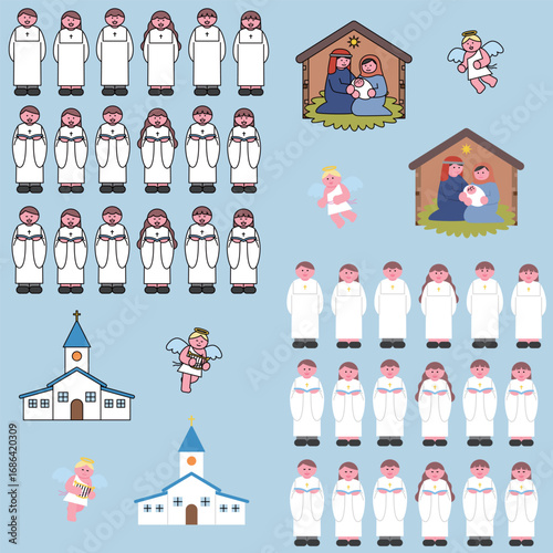 Christmas Nativity Scene with Church, Choir, Angels and Holy Family Vector Set