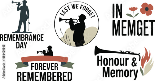 Images of Remembrance Day Insignias Featuring Trumpet Players, Poppies, and Sentiments of Honor and Memory