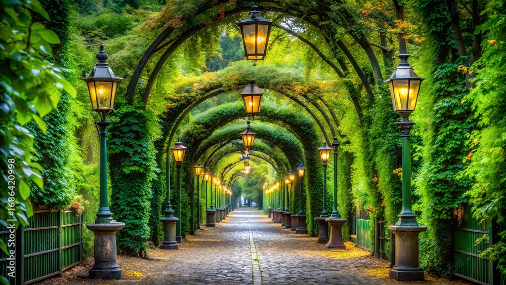Fototapeta premium Enchanting green garden tunnel with ornate lanterns and ivycovered arches creating a magical pathway