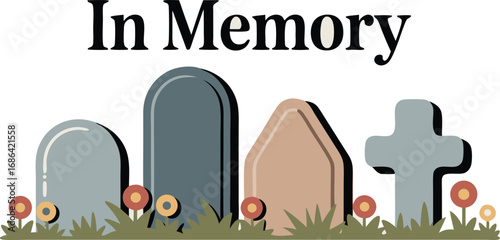 In Memory Text with Tombstones, Flowers, and Grass Illustration on White Background Memorial