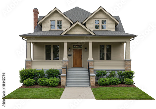 Beige house with porch and landscaping residential home exterior front view