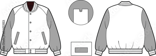 Varsity jacket front back view, bomber jacket technical sketch, unisex outerwear CAD, flat fashion illustration, apparel design template vector