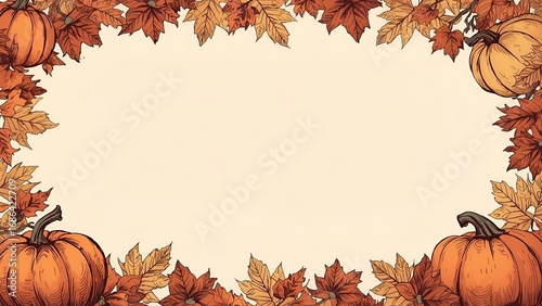 A festive autumn frame with a border of pumpkins, gourds, and colorful fall leaves on a rustic paper background. A perfect design for a Thanksgiving dinner invitation or harvest festival