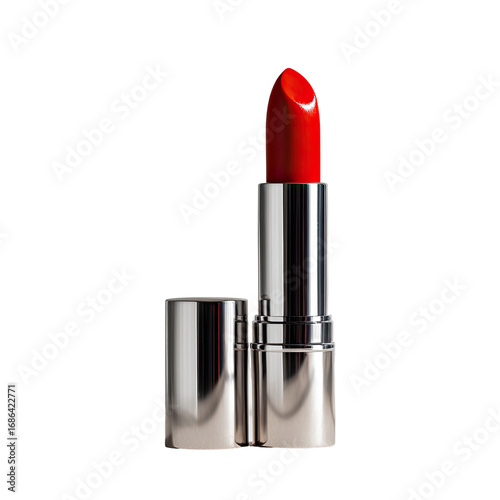 Close-up of a vibrant red lipstick in a chrome-colored tube, open and closed cap beside