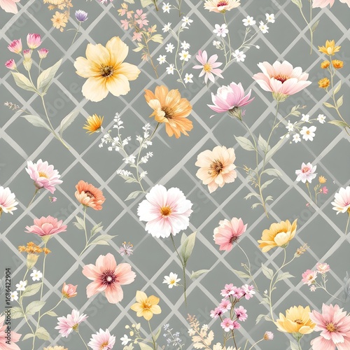 Watercolor floral wreath pattern hand-painted wildflowers and leaves with ribbon on white background for wallpaper and fabric.