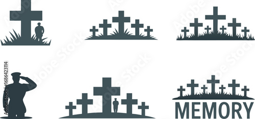 Memorial Day Designs Crosses, Tombstones, Military Silhouette, Honoring Veterans, Memory, Gravesite Illustrations on Isolated White Background