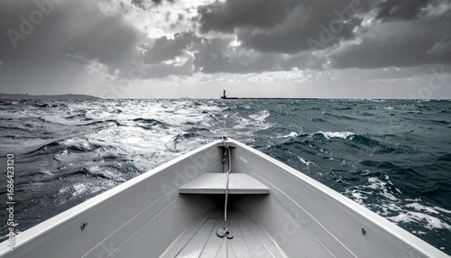 Bow view of small boat on turbulent ocean waves under dramatic stormy sky, a challenging sea adventure