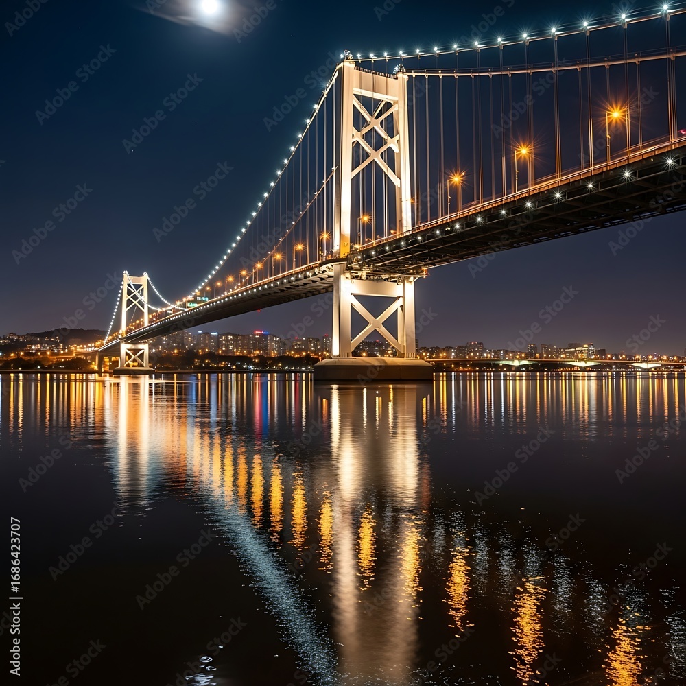 Fototapeta premium Nighttime View of Illuminated Suspension Bridge.