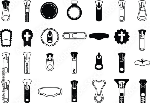 Zipper puller design vector collection, unique zip slider shapes, garment accessory detail, fashion hardware CAD set, flat technical illustration