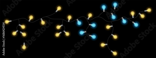Party lights set icon. Twisted electric string with glowing bulbs in soft yellow and blue tones. Used for celebration decor, events, and cozy mood visuals.