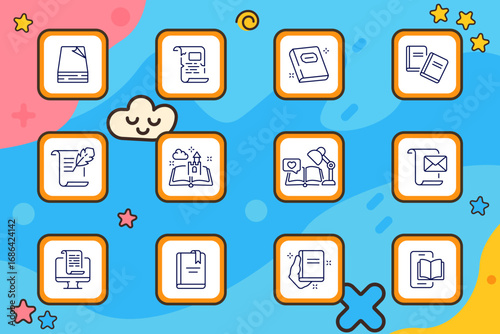 Literature set icon. Single book, ebook reader, closed book, two books, scroll with feather, storybook, study lamp, envelope on scroll, monitor with text, book with ribbon