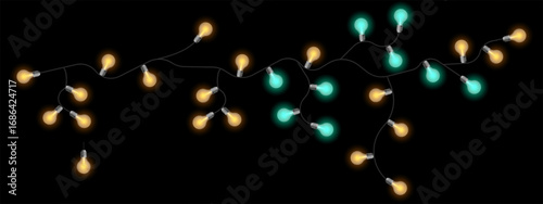 Party lights set icon. Twisted electric string with glowing bulbs in soft yellow and blue tones. Used for celebration decor, events, and cozy mood visuals.
