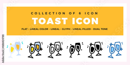 Collection of 6 Toast Icons. Flat. Lineal. Glyph. and Dual Tone Styles