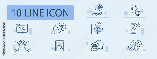 Translation set icon. Speech, chat, globe, dictionary, app, mobile, browser, and support tools displayed for language conversion, international text, and interpretation services