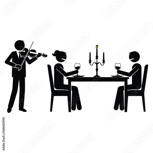 Vector art of violinist plays for a couple dining by candlelight
