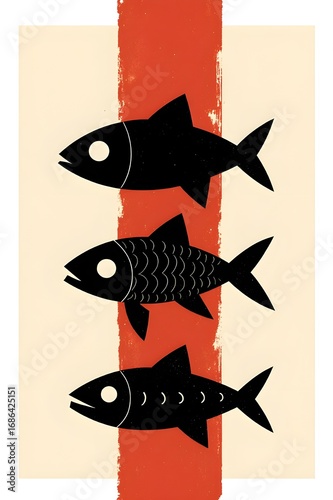 A minimalistic illustration of three stylized fish stacked vertically