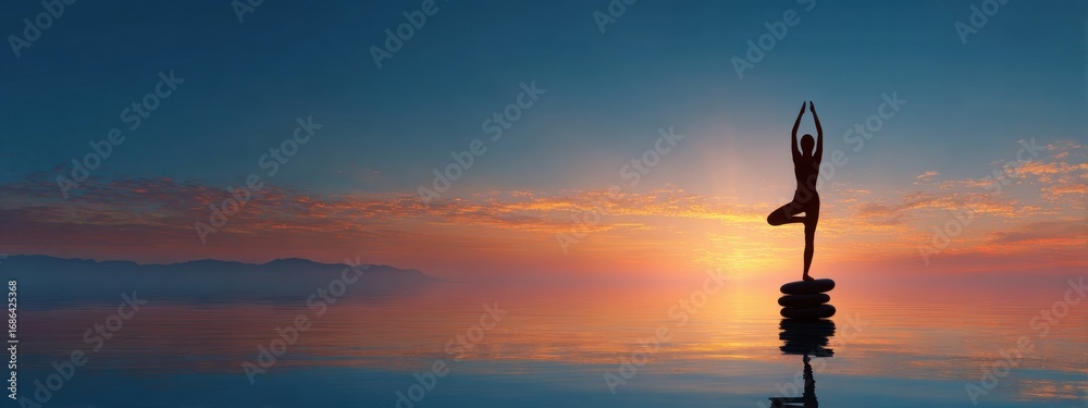 Obraz premium Serene person balancing on a platform during a colorful sunset over the water