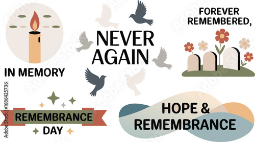 Never Again Depicting Remembrance Day, Candle, Doves, Tombstones, Flowers, and Hope Remembrance Message