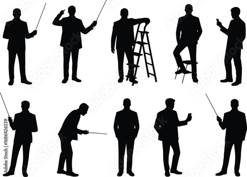 Businessman silhouette illustration set, professional man poses, corporate leader with pointer, ladder, mobile phone, standing, teaching, presenting, formal suit vector icons