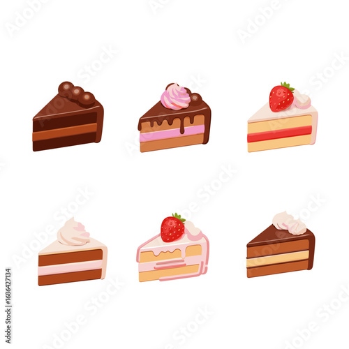 Delicious cake slices assortment featuring chocolate strawberry and cream cake desserts for bakery menu