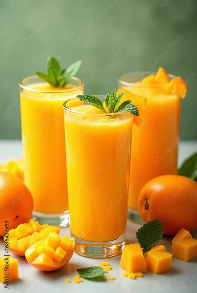 Fototapeta premium Mango smoothie in glasses with fresh fruit
