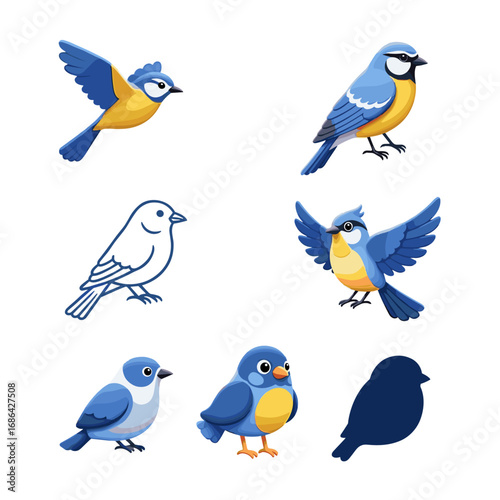 Illustration set of cute blue tit birds in different poses vector design for ornithology enthusiasts