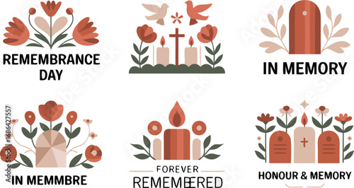 Remembrance Day and Memorial Design Elements Featuring Flowers, Candles, Crosses, and Peaceful Doves Graphics