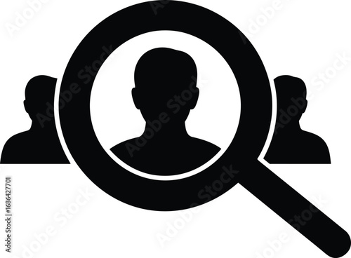 Job search icon, recruitment magnifying glass vector, candidate profile illustration, human resources hiring, staff selection symbol, employment concept graphic, business hiring process design