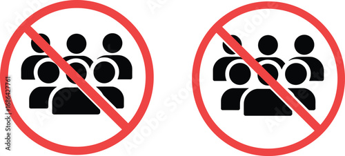 No gathering people icon, prohibition group symbol, restriction crowd illustration, avoid meeting sign, stop social gathering pictogram, safety warning, isolation, distancing vector