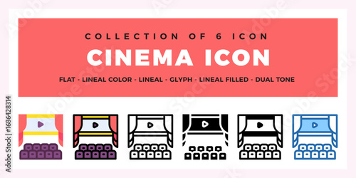 Collection of Cinema Icons. Flat. Lineal. Glyph. and Dual Tone Styles