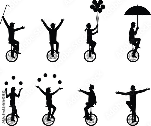 Silhouette vector illustration of circus performers on unicycles, juggling, holding balloons, umbrella, cane, entertaining acts, street performance, isolated black design