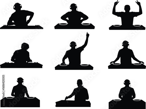 Silhouette vector illustration of DJs mixing music at turntables, playing tracks, raising hands, entertaining crowd, nightclub performance, electronic dance party design