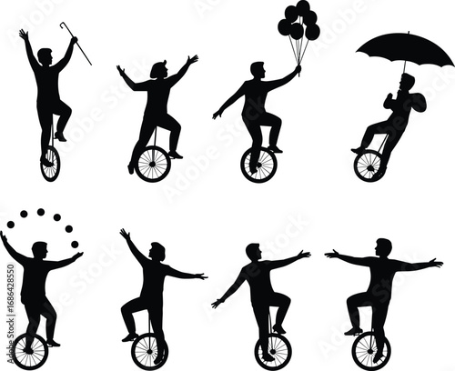Silhouette vector illustration of people riding unicycles, juggling, balancing, circus performance, entertainment, street show, clown act, skill, acrobatics, balance art, fun