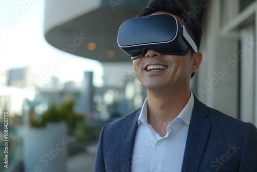 Smiling Asian businessman experiences virtual reality outdoors in a modern city setting, exploring new technology while enjoying an outdoor environment, Generative AI