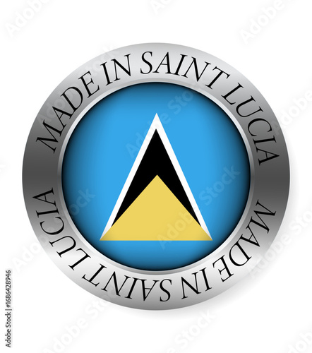 Made in Saint Lucia button icon. Circular emblem with metallic border, glossy central flag, and bilingual label indicating product origin and international manufacturing identity.
