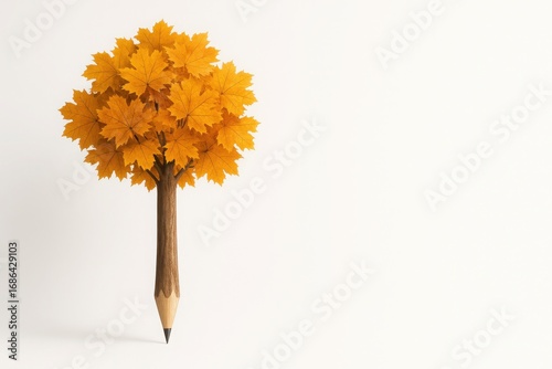Giant pencil shaped like a tree with autumn leaves on white background with soft lighting and empty space for text creative concept for education learning and back to school season