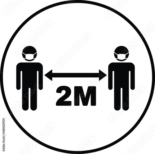 Social distancing sign, safety distance vector, 2 meter rule illustration, people wearing face mask, covid precaution symbol, health safety icon, coronavirus guideline graphic
