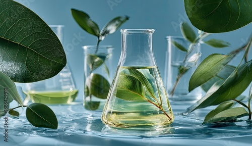 Botanical lab glassware filled with liquid, surrounded by leaves