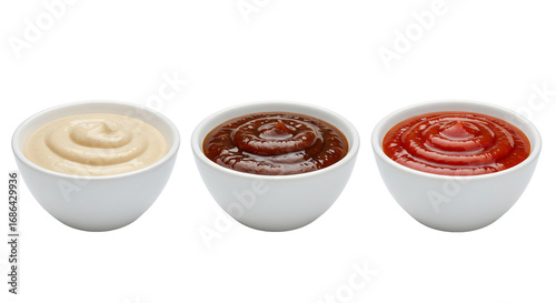 Three bowls of condiments mayonnaise barbecue sauce and ketchup