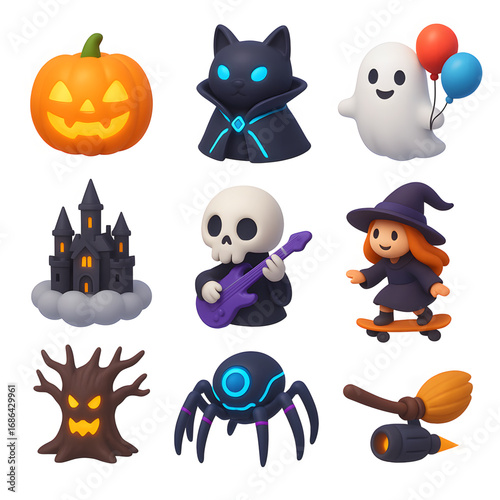 A collection of nine cute 3D Halloween characters and elements including jack-o'-lantern, ghost, witch, skeleton, and spooky creatures.
