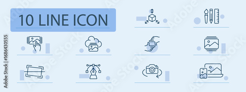 Image editing set icon. Hand, camera, layout, paint, pen, crop, cloud, touch, mobile, vector, and adjustment tools outlined for photo manipulation and design tasks