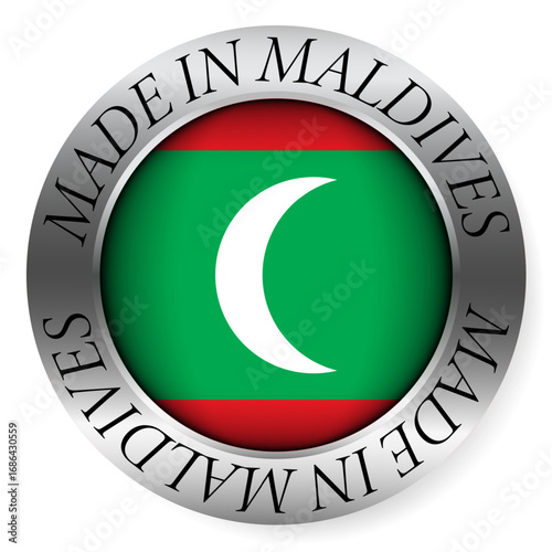 Made in Maldives button icon. Circular emblem with metallic border, glossy central flag, and bilingual label indicating product origin and international manufacturing identity.