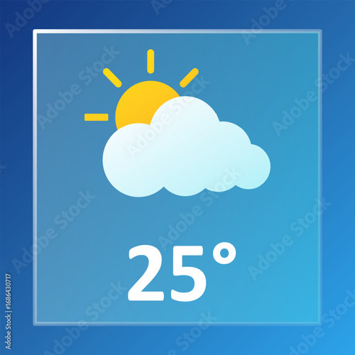 Partly cloudy icon. White cloud and partial sun with yellow rays on blue background above temperature 25 and label partlycloudy in white bold text.